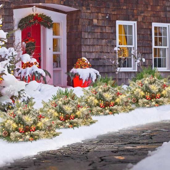 Pre-lit Christmas Tree Urn Filler Battery Operated Artificial Xmas Tree with Cones Berries Holiday Porch Planter Filler with Tripod Stake And LED