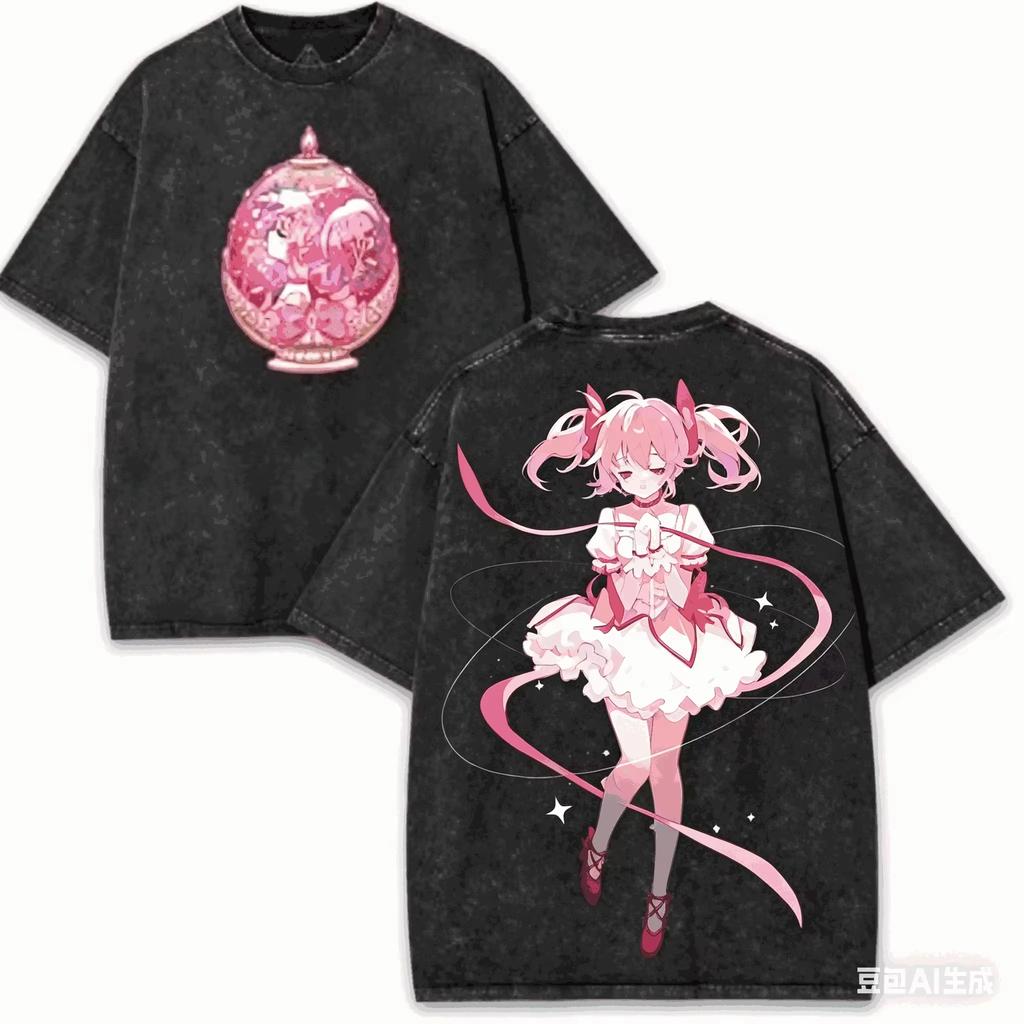 2026 Puella Magi Madoka Magica Madoka Kaname Vintage Washed Printed Loose Pure Cotton Short Sleeve Tee Tops Unisex Stree100