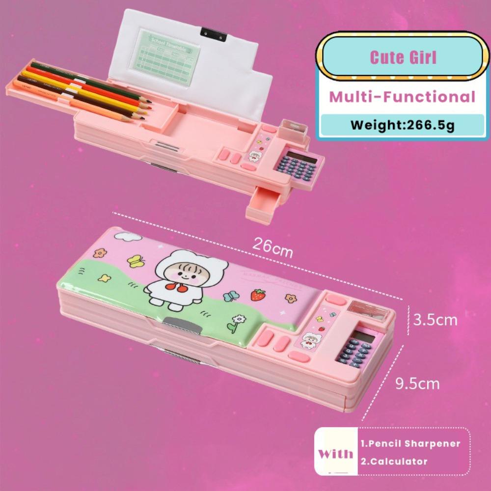 Plastic Pencil Case With Calculator/Pencil Sharpener Fun Mechanism Design Pencil Box Double Sided Use Multi-Functional Pen Bag