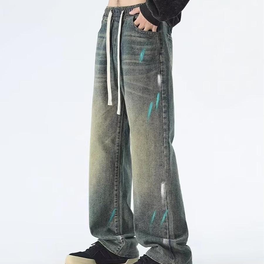 American High Street Tie-dye Ink-splashing Wide-leg Jeans Men's Trendy Brand Washed Autumn Old Style Straight Trousers