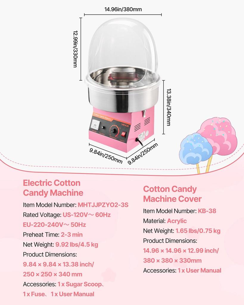 Electric Cotton Candy Machine, 1000W Commercial Floss Maker With Cover, Commercial Cotton Candy Machine w/Stainless Steel Bowl & Sugar Scoop, Ideal