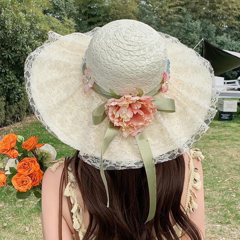 Summer Bow Sun Hat Female, Seaside Beach Vacation Sun Hat Outdoor Big Brim Sun Hat Sweet Straw Hat