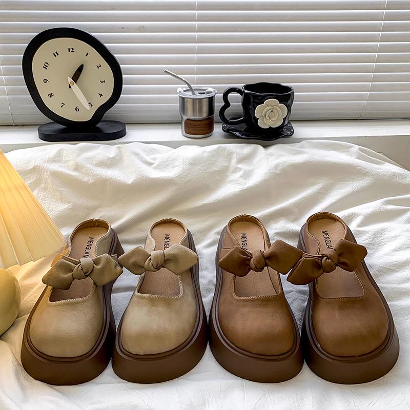 French Bow Bag Head Half Slippers Women's Outer Wear 2025 New Summer Thick Bottom with Skirt Mary Jane Cool Slippers