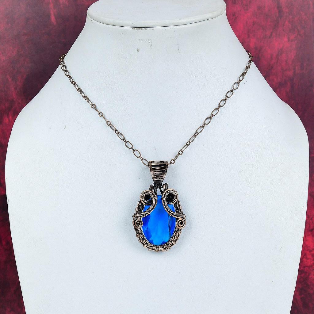 Facettierter London Blue Topas Anhänger Kupferdraht umwickelter Anhänger Edelstein Schmuck Handgefertigter Kupferschmuck Neuestes Design Anhänger Geschenke für Frauen