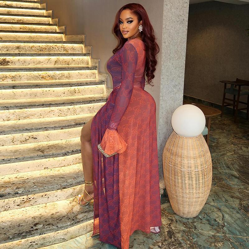 European and American Style Summer Slim-fitting Women's Clothing Light and Slightly Transparent Hip-wrapped Irregular Skirt Round Neck Pleated Long-