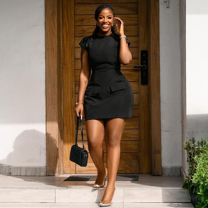 

Женское платье Летние темпераментные блестки Тонкие тонкие пакеты Хип-платья с короткими рукавами 2XL чёрный