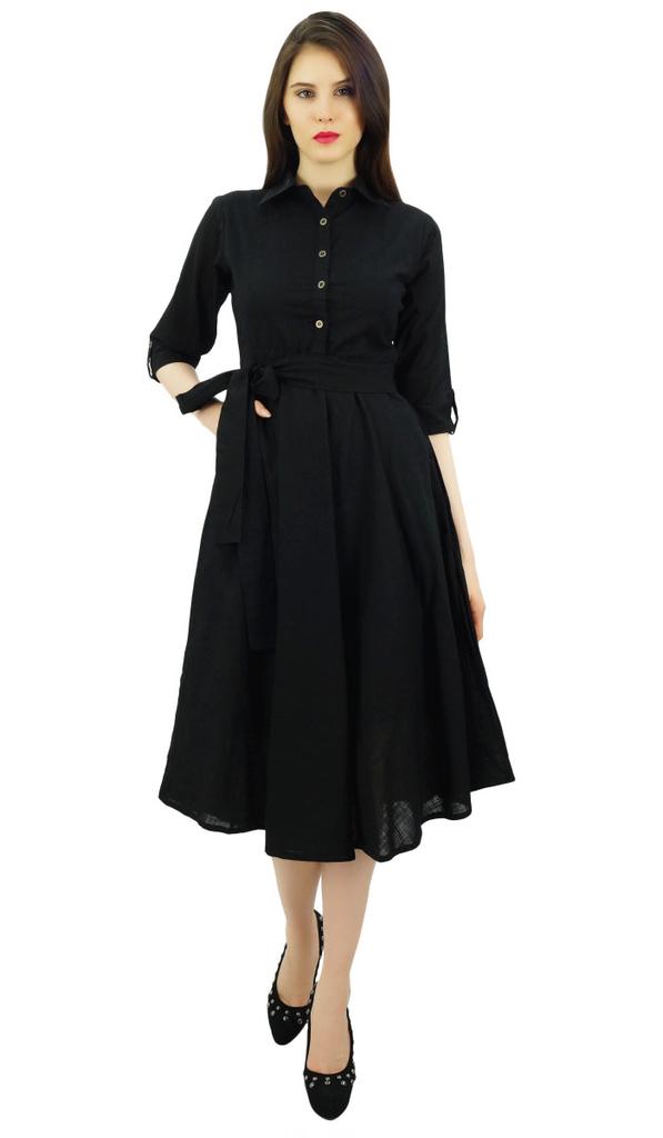 Bimba Women's 3 4 Sleeve Linen Collar Neck Solid Flared Shirt Dress with Side