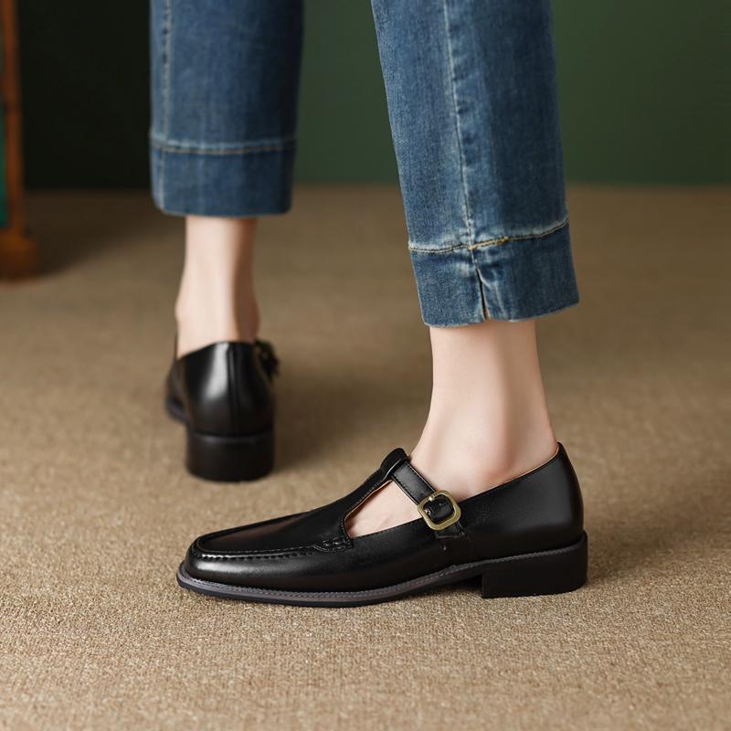 Fashion Women's New Spring and Autumn Square Head Retro Middle Heel Large Metal Belt Buckle Mary Jane Single Shoes