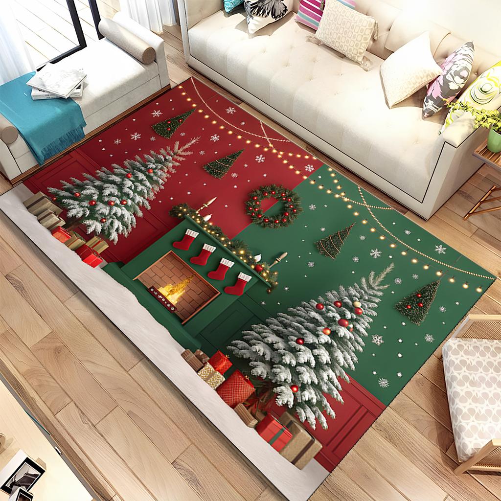 Cute Santa Claus Cartoon Merry Christmas Tree Festival Gift Carpet Rug for Living Room Bedroom Home Sofa Decoration,Non-slip