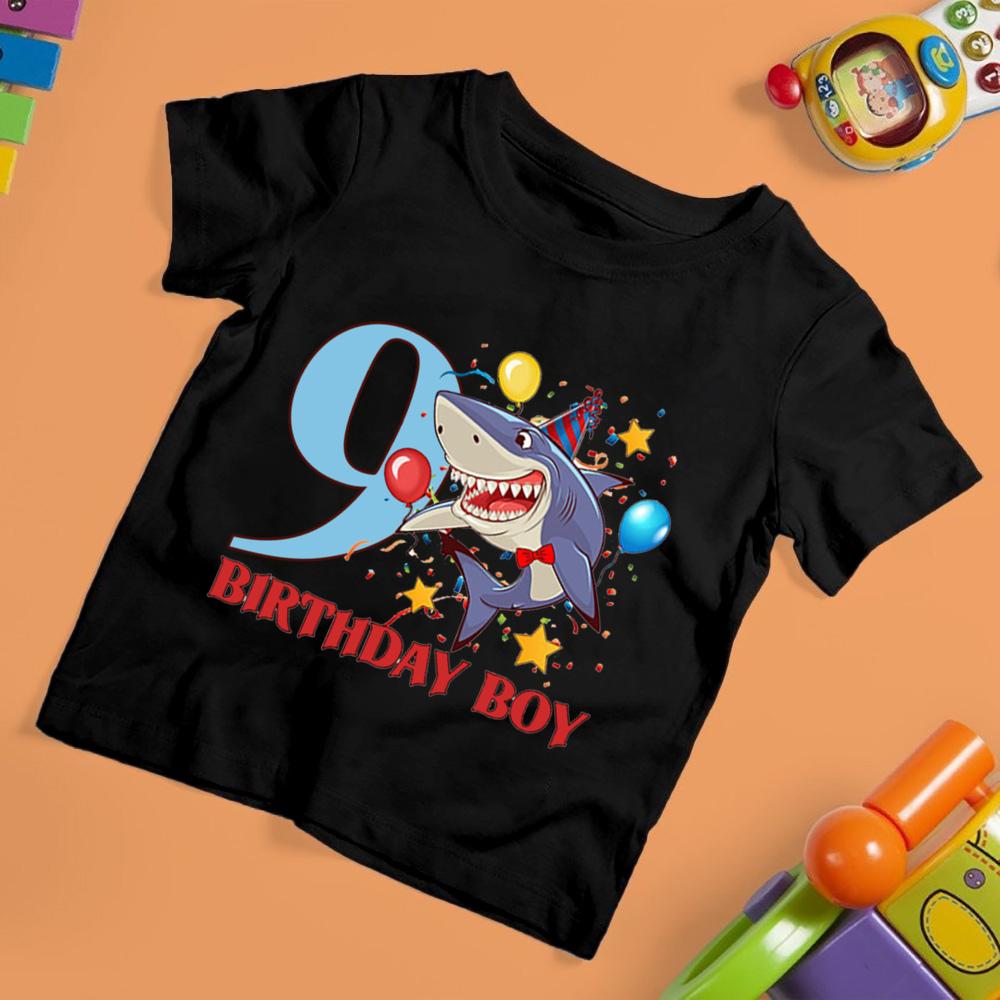 Shark Birthday Digital Funny Print Children's Short Sleeve T-shirt Suitable for Everyday Wear In Summer