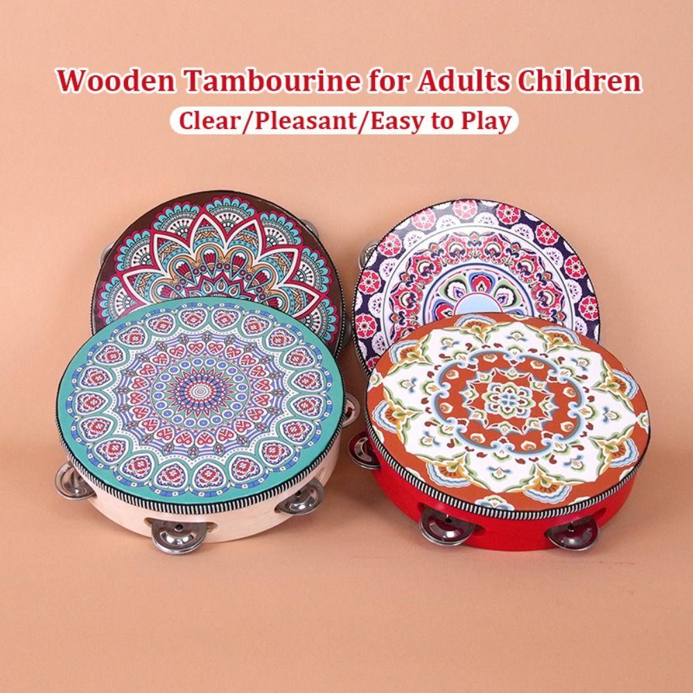 8 Inch Tambourine for Adults Metal Jingles Wooden Tambourine Handheld Drum  for Band Performance