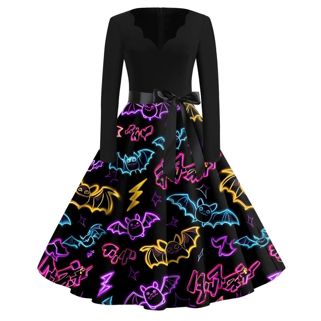 Women's Casual Fashion Halloween Printed V-Neck Vintage Dress