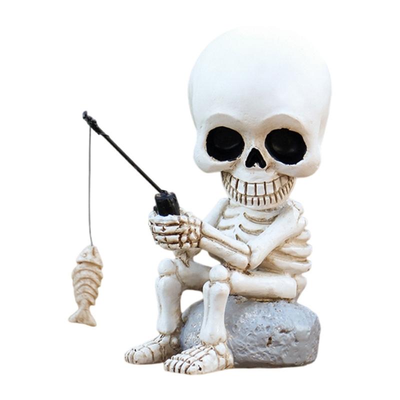 

Outdoor Resins Halloween Skeleton Fisherman Sculpture With Shaking Head Design For Garden Patios Pond Decoration Gift 1