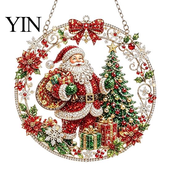 Holiday Art Decoration Christmas Faux Diamond Ornament Kit, Santa Angel Sun Catcher DIY Acrylic Detailed Printed Symbol Design Round Board,