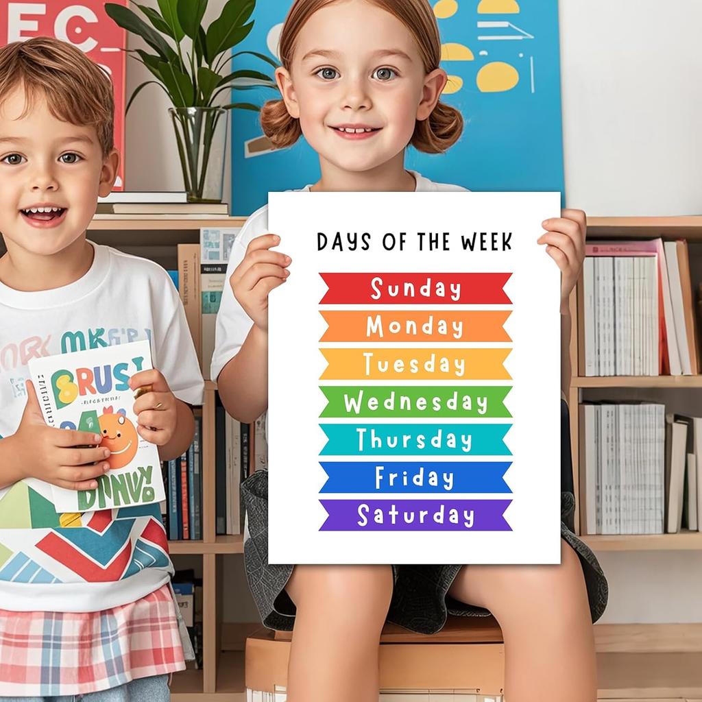 6 Learning Posters for Toddlers & Kids – 11"×14 "Alphabet, Numbers, Colours, Shapes, Days of the Week & Months – Educational Wall Charts for