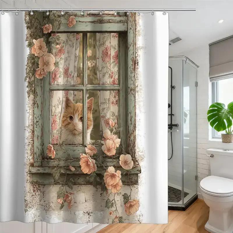 

Cute Cat In Vintage Window With Flowers Shower Curtain Machine Washable All Season Waterproof Privacy Protection Design Cozy W60H190(CM)-1 Pcs