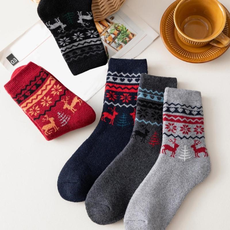 5 Pairs Vintage Ethnic Style Faux Wool Thermal Socks for Men Warm Winter Breathable Hiking Casual Sports Athletic Socks