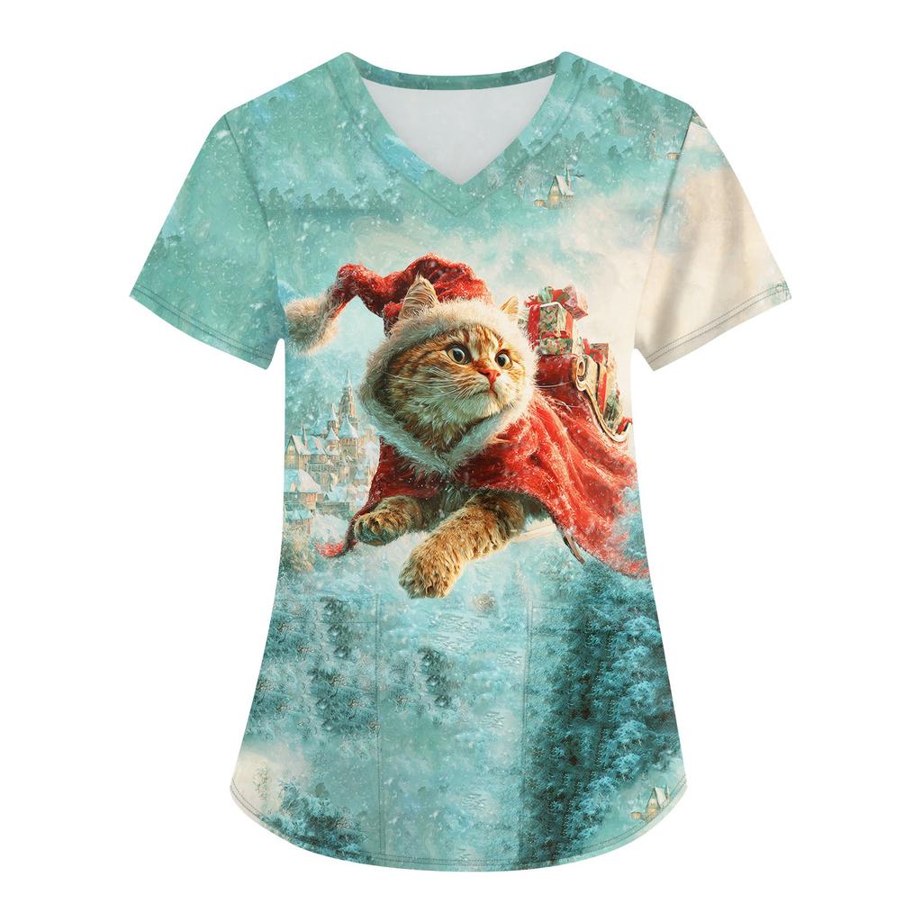 Women's Printing Uniform Work Uniform V-neck Pockets Basic Short Sleeve Pullover Top