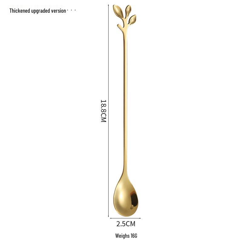 Gold Stainless Steel Leaf Spoon and Fork Set - Long Handle for Stirring, Desserts, and Coffee
