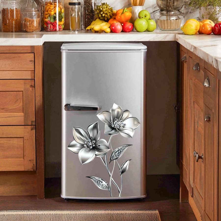 Self-adhesive Waterproof Refrigerator Stickers Silver Grey Flowers Light Luxury for Kitchen Fridge Door