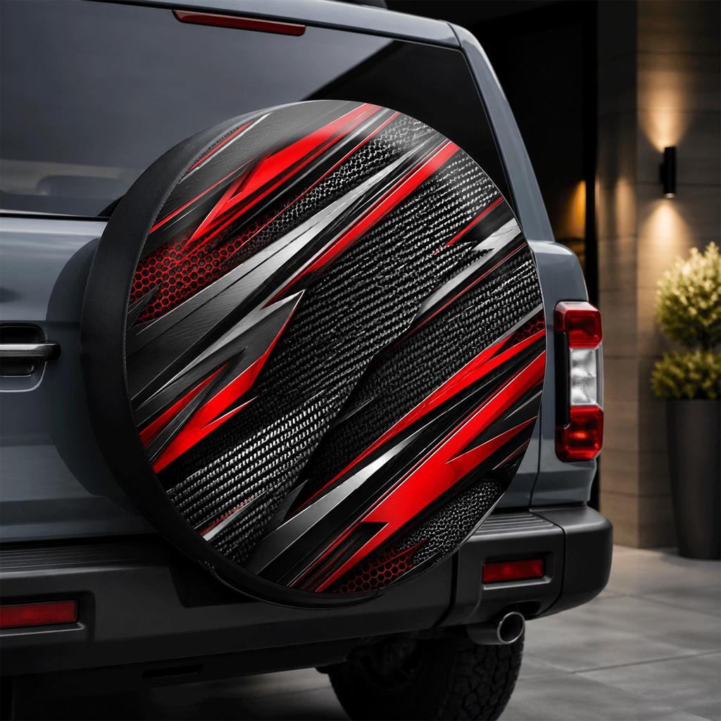 1pc Spare Tire Cover Compatible for Car, Carbon Fiber Wheel Protector with Dynamic Line Print & Hub Shield, Black/Red, Easy Install Wheel Hub Protecto