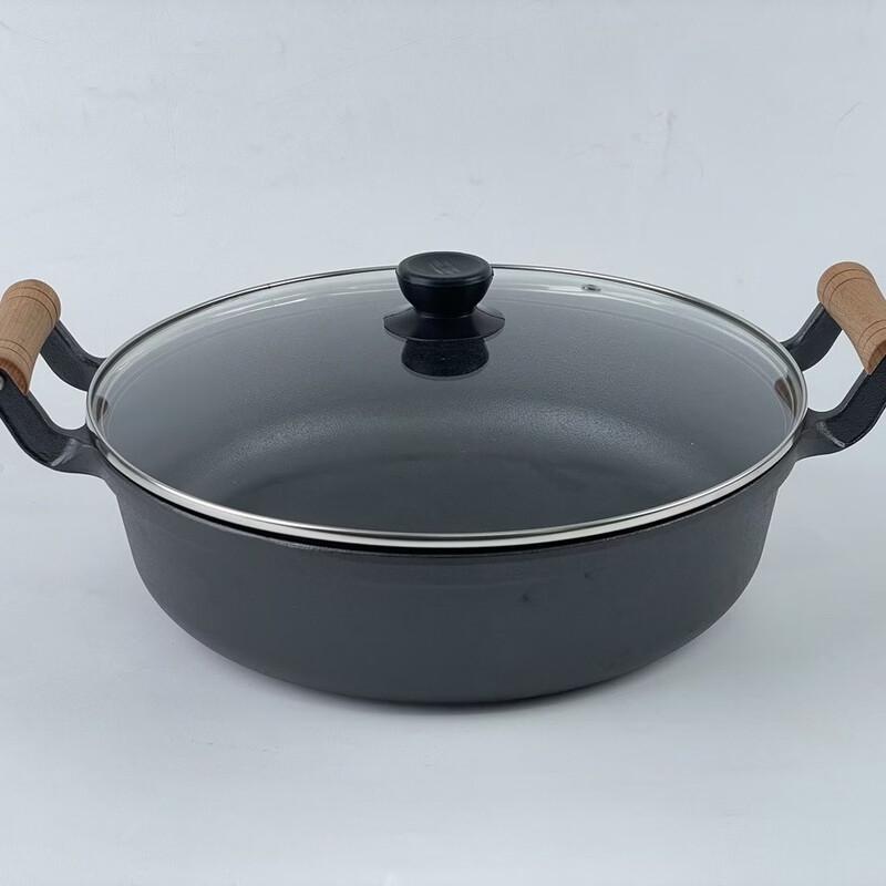 UOSU Deep Cast Iron Frying Pan with Beechwood Handle and Glass Lid