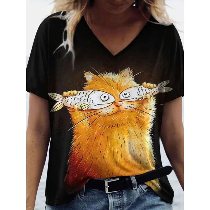 Cartoon T-shirt Women's Short Sleeve Summer Outdoor Casual V-Neck Short Sleeve Tops Oil Painting Puppy Print Plus Size Clothing