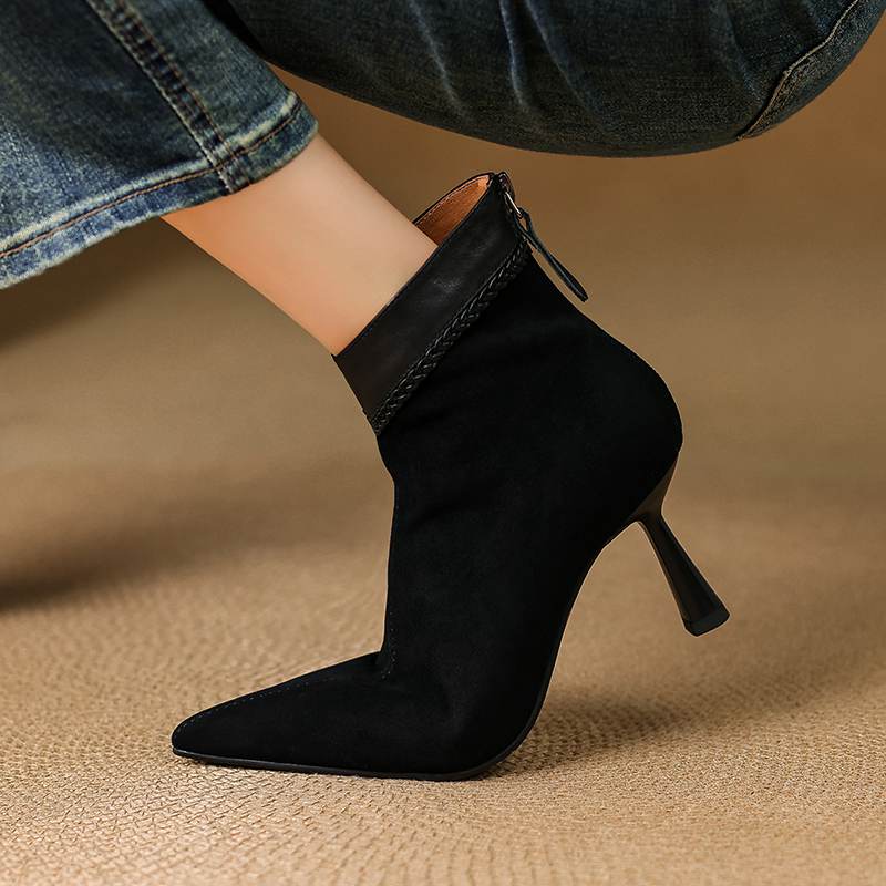 Krazing Pot Sheep Suede Autumn Winter Shoes Stiletto Thin High Heels Big Size 40 Modern Boots Pointed Toe Keep Warm Zip Ankle Boots