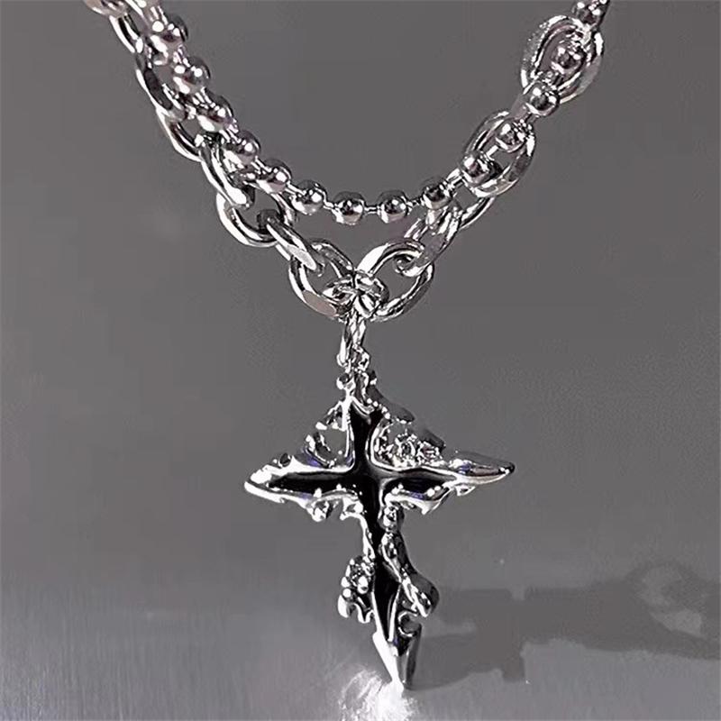 Y2K Grunge Hip Hop Halloween Jewelry Accessories Punk Liquid Metal Back Cross Pendant Silver Color Chain Necklace For Women Men