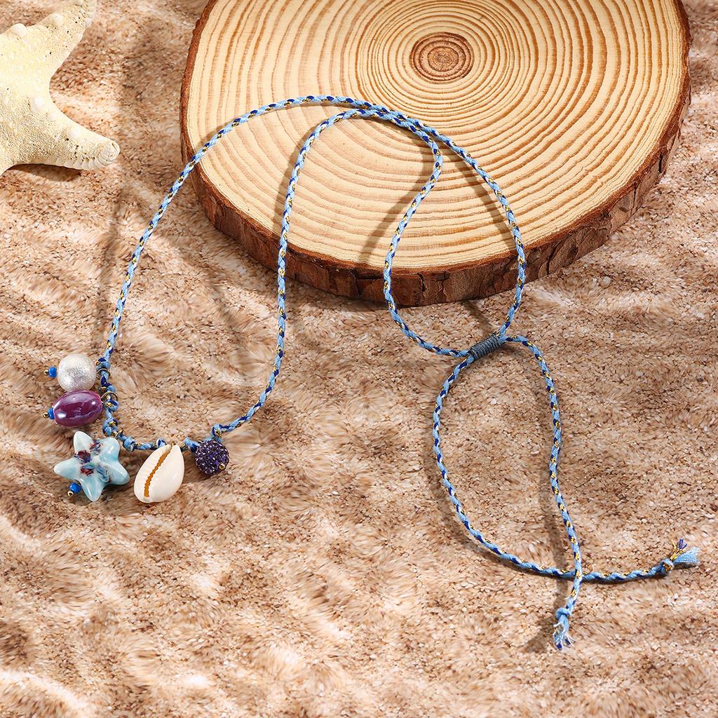 1pc Blue Bohemian Starfish Necklace - Woven Color Rope Chain with Shell/Starfish/Ceramic Pendants, Adjustable 80cm Length, Ideal