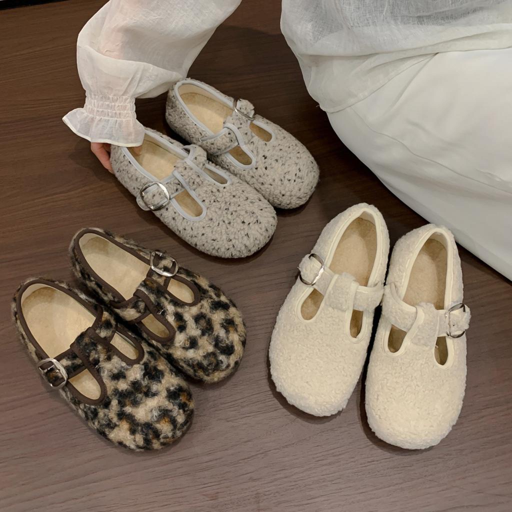 Gentle wind gray fluffy shoes outer wear year season flat soft sole velvet cotton Mary Jane shoes