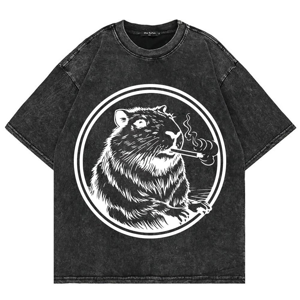 Cotton Vintage Washed YK Funny Smoking Capybara T Shirt Fashion Men Retro Cool Meme Oversize Loose Acid Wash Tees Shirts