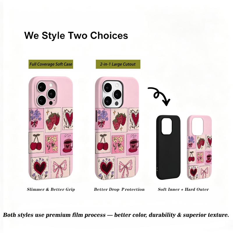 Pink Grid Collage Strawberry Cherry Heart Bow Floral Coffee Print Phone Case Coquette Cute Girly Vintage Shockproof Cover For All iphone Series