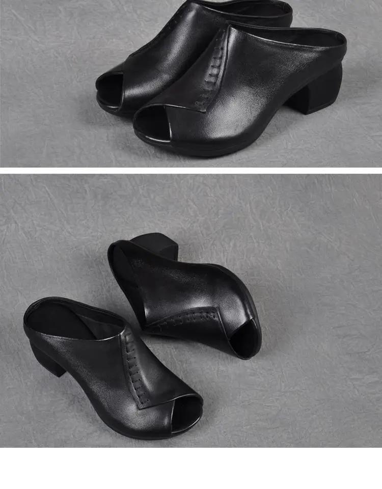 Thick-heeled Soft Leather Outer Slippers Fish Mouth Comfortable Versatile Mid-heeled Women Sandals Women's Mother's Shoes Women