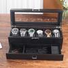 Carbon Fiber PU Double Layer Watch & Jewelry Storage Box - Holds 6 Watches & Cufflinks