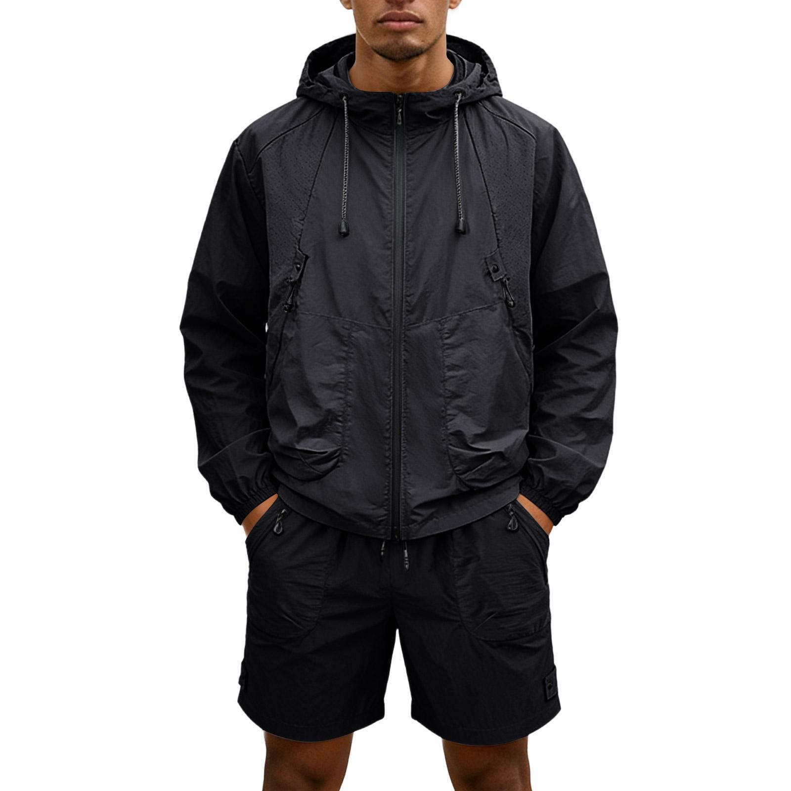 

Men s Silk Quick-drying Hooded Coat With Sun , Thin , Casual Sports Sun Clothing, Shorts + Long-sleeved Set L чёрный