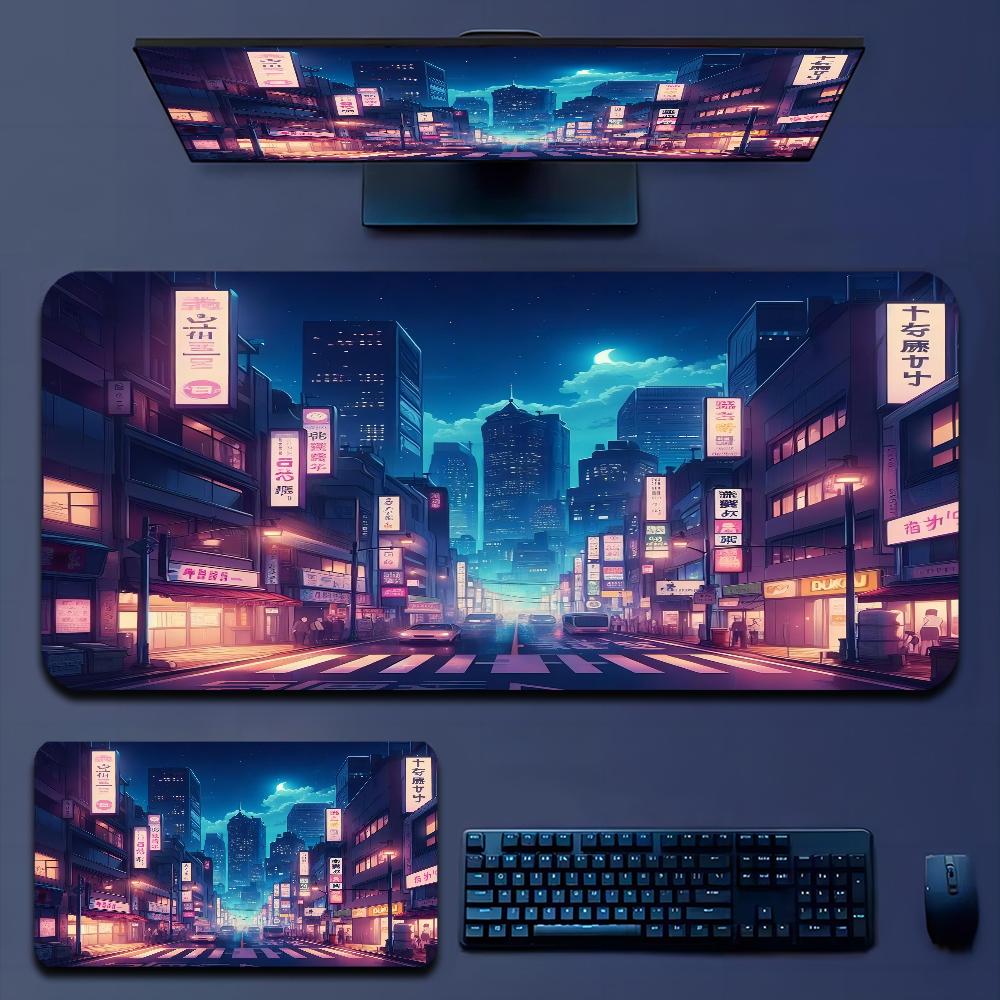 Japan Aesthetics Purple Neon City In Stocked Laptop Gaming Mice Mousepad Size for large Edge Locking Game Keyboard Pad