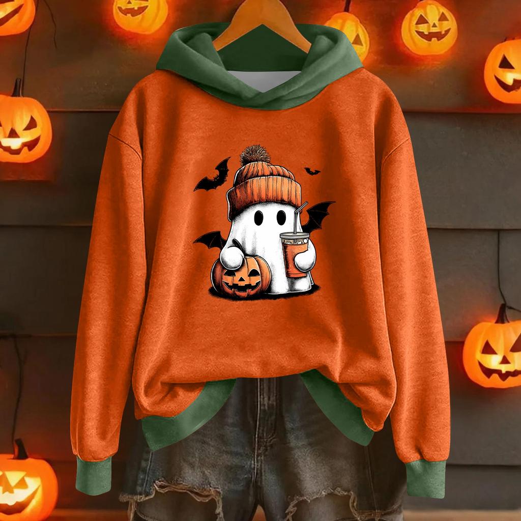Women's Fashion Lightweight Long Sleeve Pullover With Halloween Print Hoodie