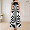 Women Plus Size Round Neck Triple Keyhole Cutout Sleeveless Black White Geometric Print Maxi Dress
