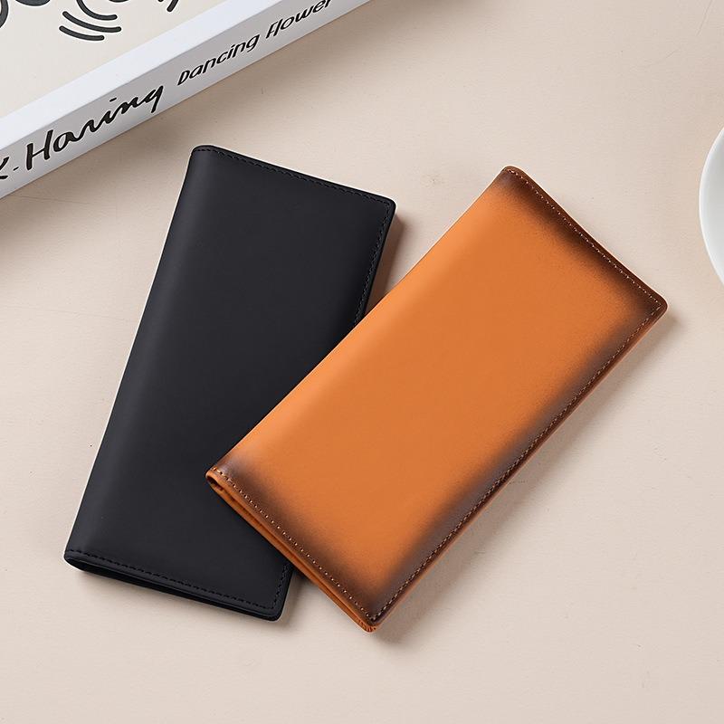 Genuine Leather Long Wallet for Men Slim Cowhide Retro Business Card Holder Large Capacity Bifold Purse