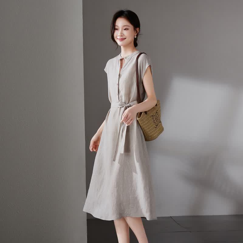 SOFSIL Women's 2026 Summer Linen Tie-Waist Midi Dress