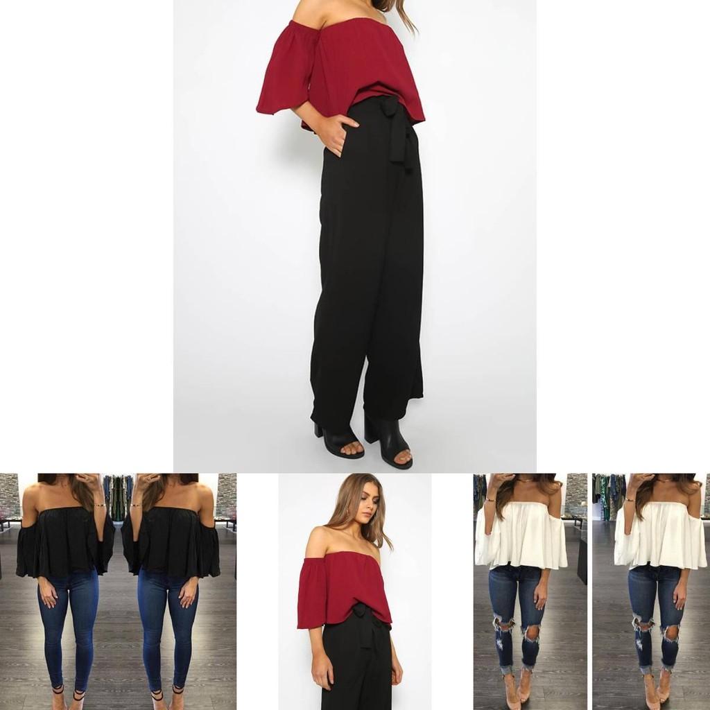 Stylish Summer Off Shoulder Ruffle Hem Loose Fit Top Women Urban Fashion Tee