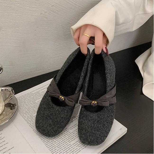 Autumn And Winter Retro Velvet Soft Soled Women's Shoes With Bow Tie Single Shoes