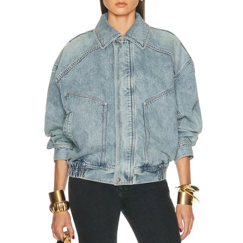 Womens Distressed Washed Denim Jacket Relaxed Fit With Cinched Waist Zipper Front Long Sleeve Casual Outerwear