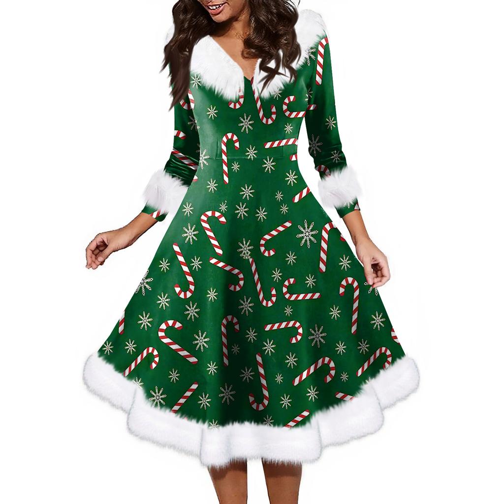 Women's Fashion V-neck Casual Fit Christmas Print Party Long Sleeve Dress