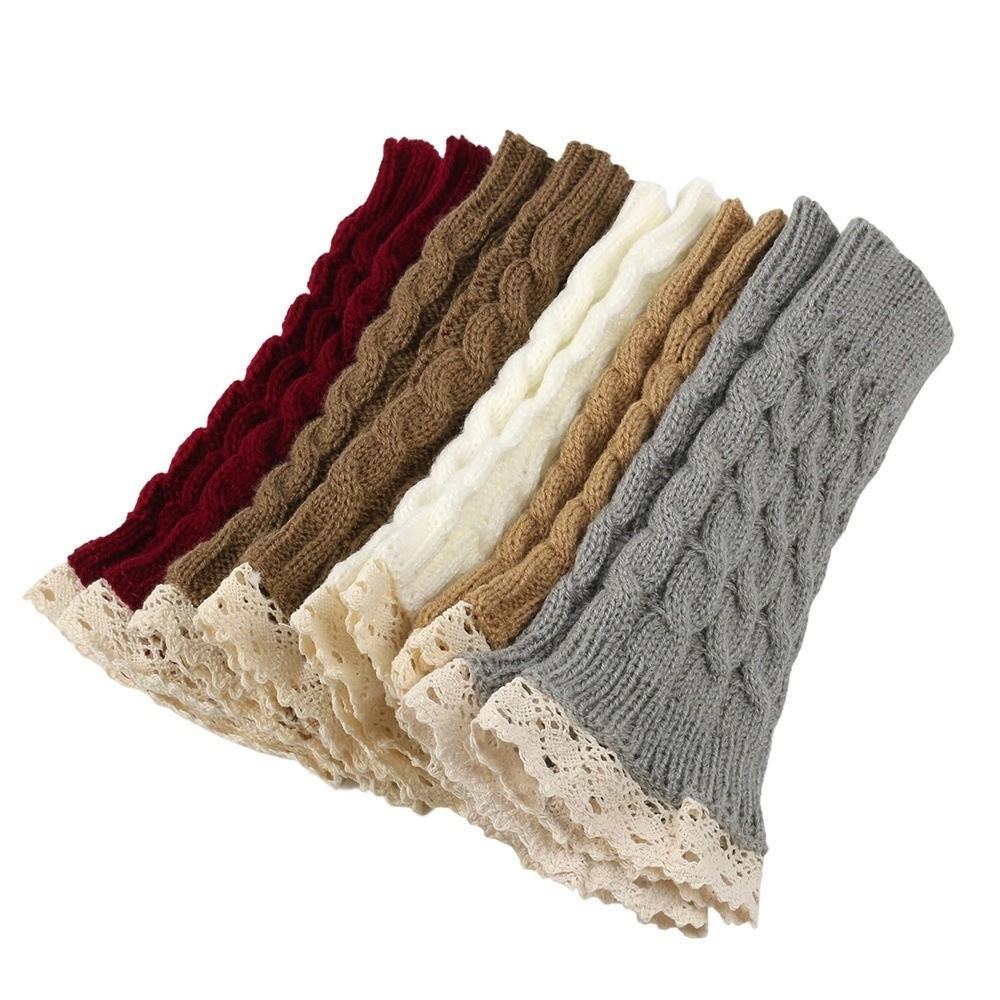 Long Fingerless Mittens Lace Trim Women Knitted Gloves Fashion Arm Warmers Writting Friendly