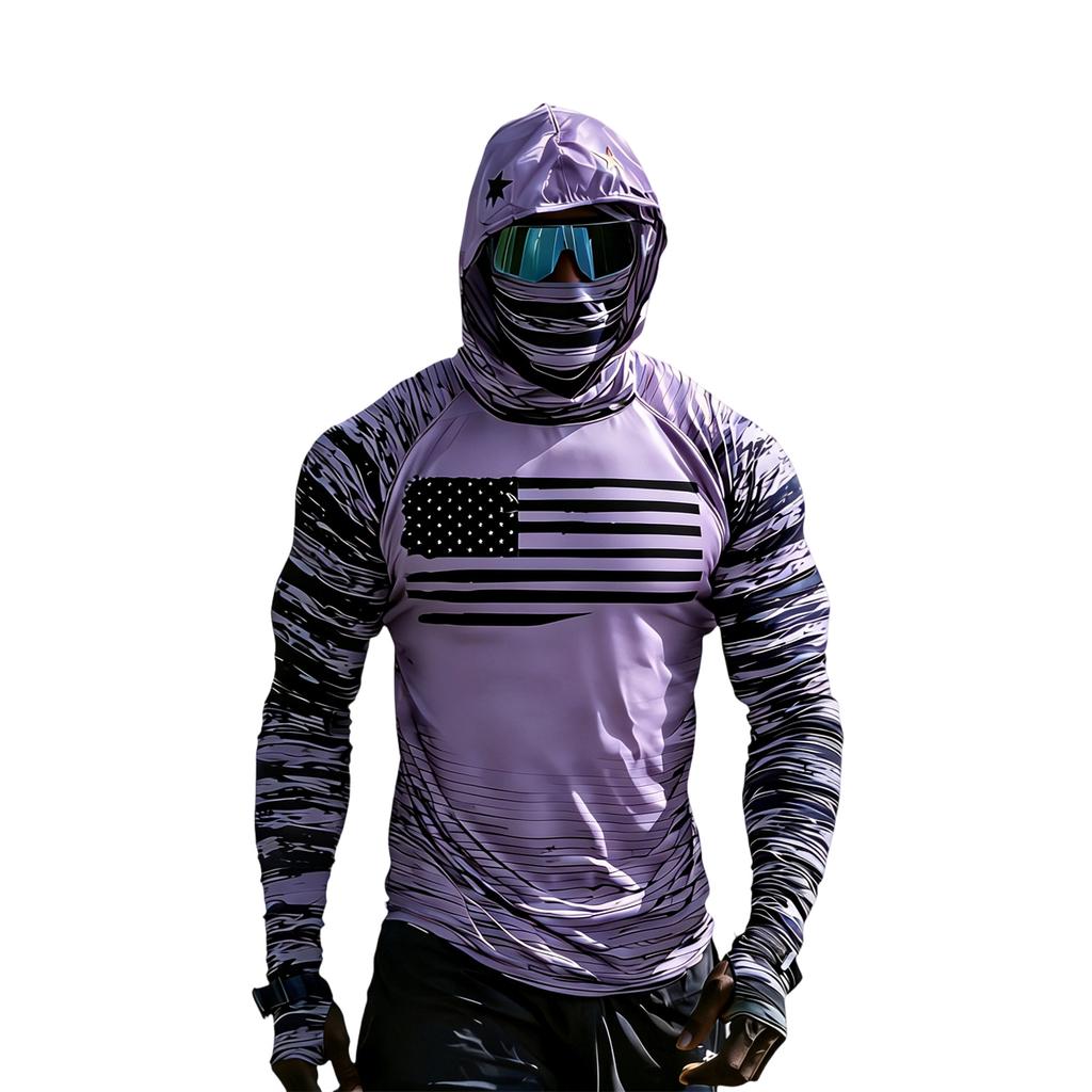 Long Sleeve Hooded Shirt with Face Covering and Flag Print Lightweight Pullover for Outdoor Sports and Activities