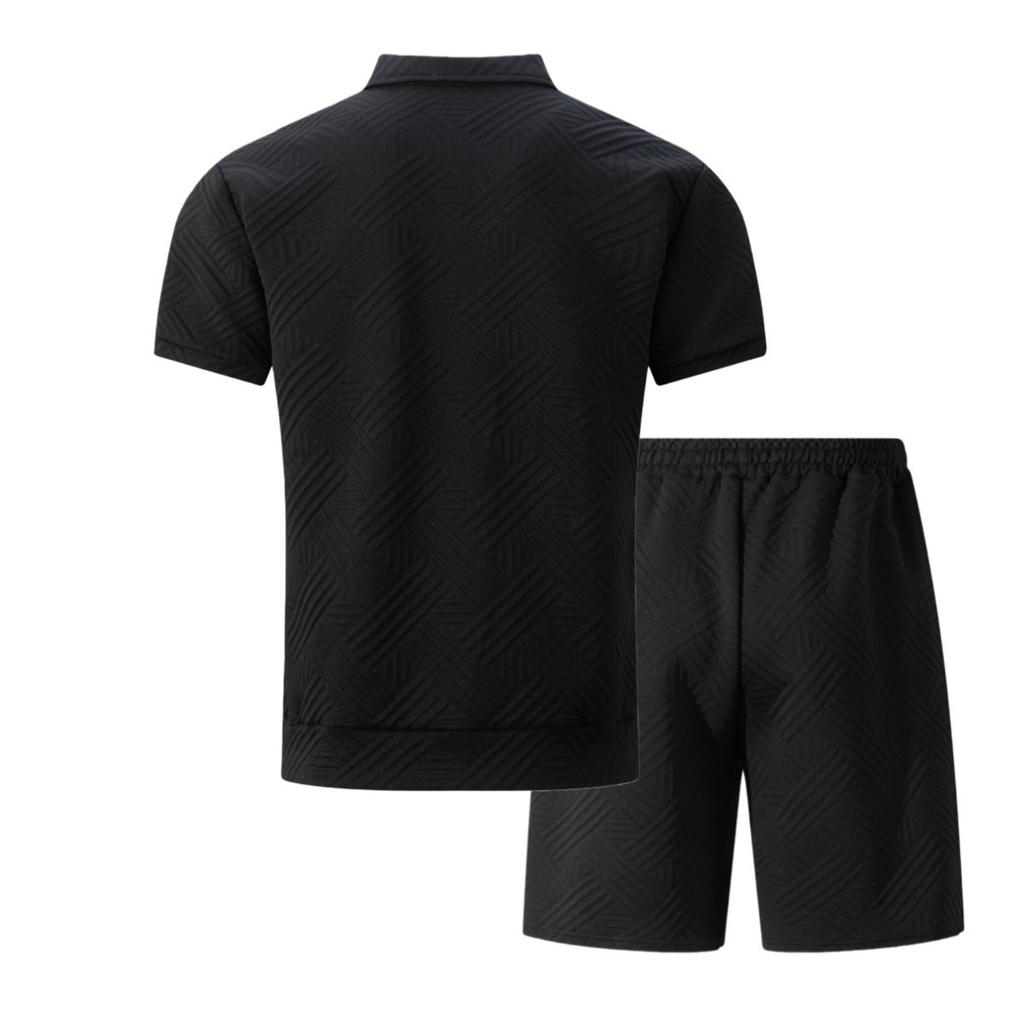 Men's Stylish Casual Collarless Short-sleeved Shirt - Men's Short-sleeved Top And Shorts Two-piece Set