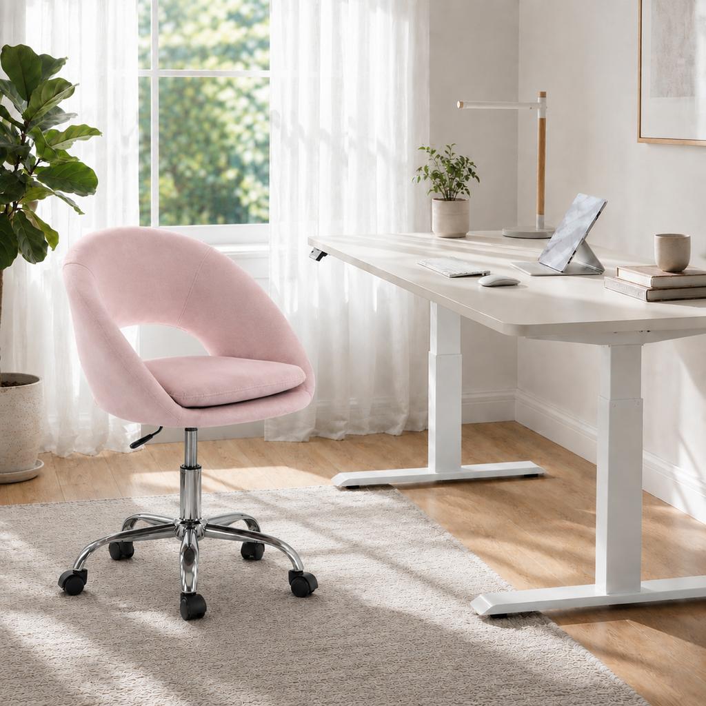 Velvet Desk Chair, Modern Office Chair with Height-Adjustable, Wheels, for Home Study Bedroom, Pink