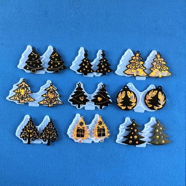 9Pcs Epoxy Geometric Mold Christmas Tree Earrings Pendant Keychain Silicone Mold